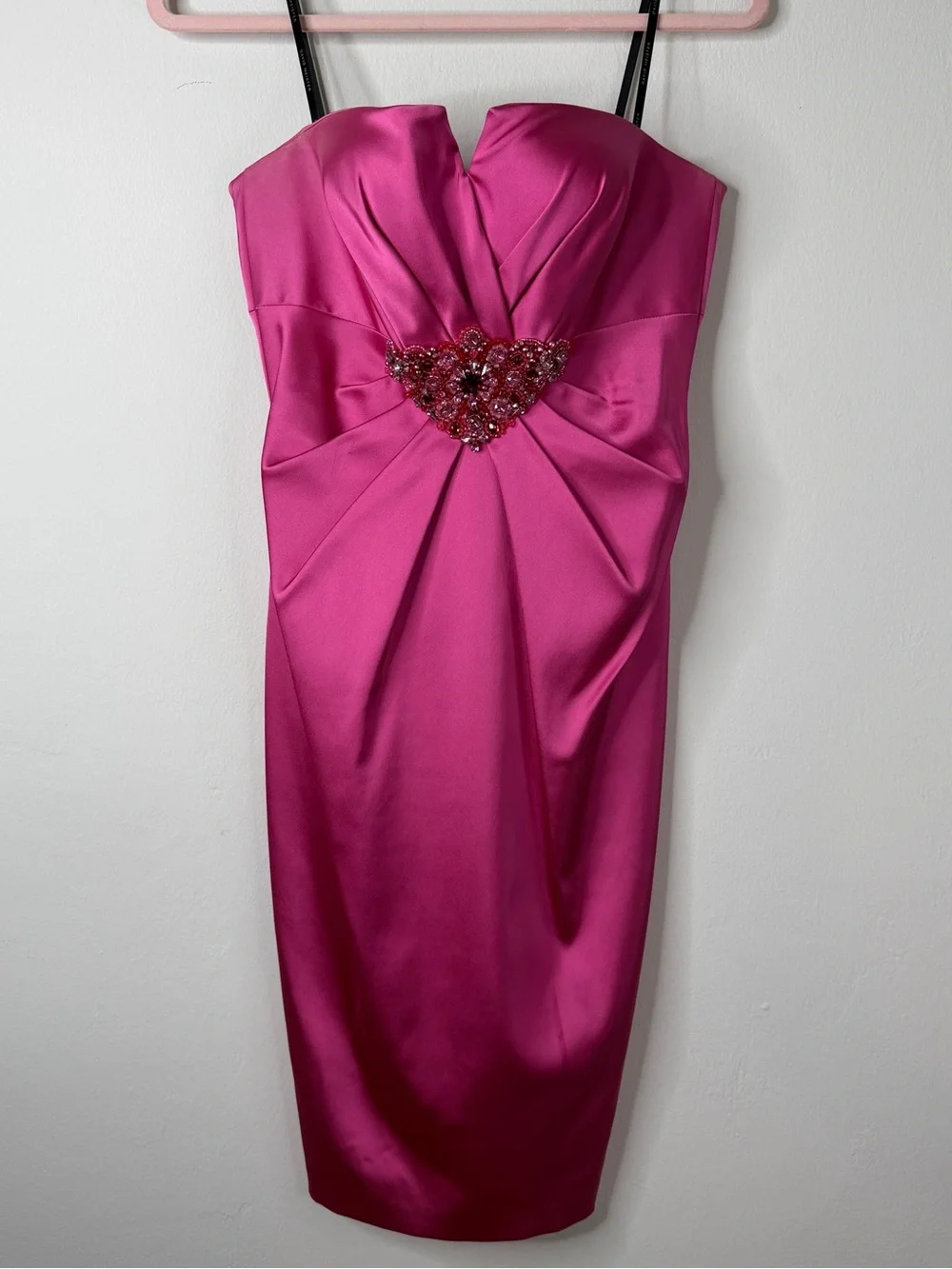 David Meister Hot Pink Satin Strapless Cocktail Dress Jewel Embellishment Size 6 - Picture 1 of 10